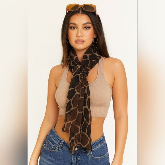 100% Silk Scarf Animal Print 60x12 Brown Black Tan Chiffon Y2K Baddie Mobwife - Picture 1 of 7